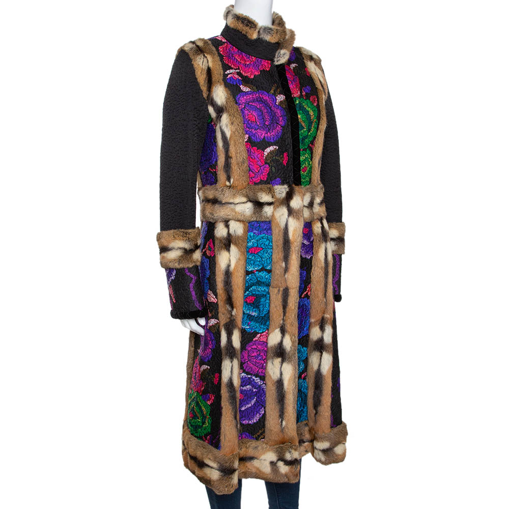 

Roberto Cavalli Multicolor Printed Wool Blend & Fur Lined Mid Length Jacket