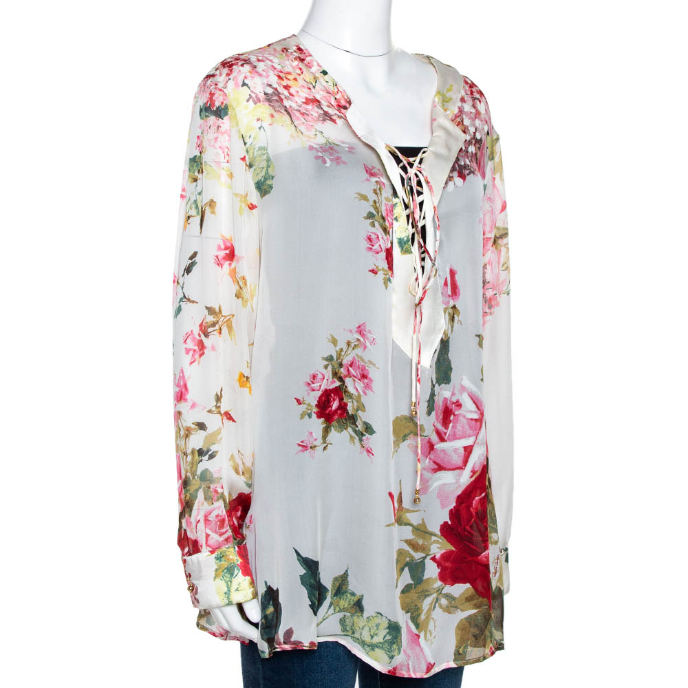 

Roberto Cavalli Off White Floral Print Silk Sheer Blouse, Cream