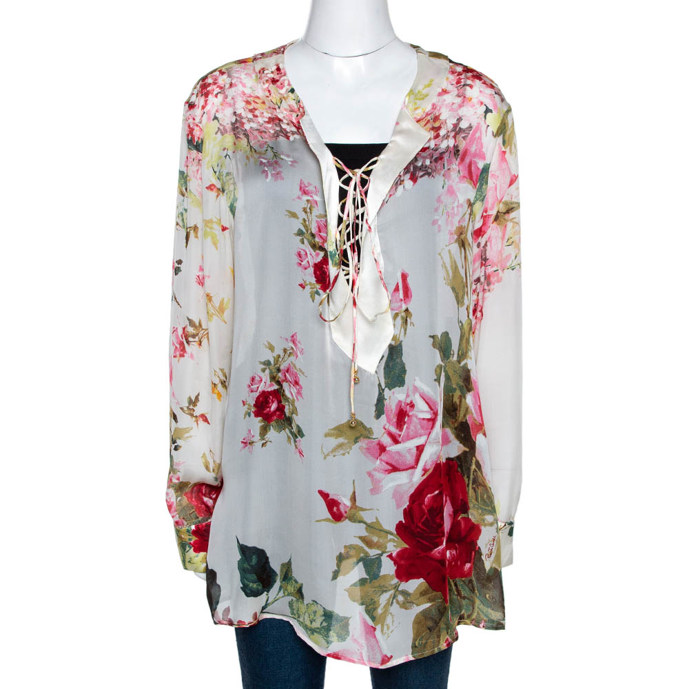 Pre Owned Roberto Cavalli Off White Floral Print Silk Sheer Blouse L
