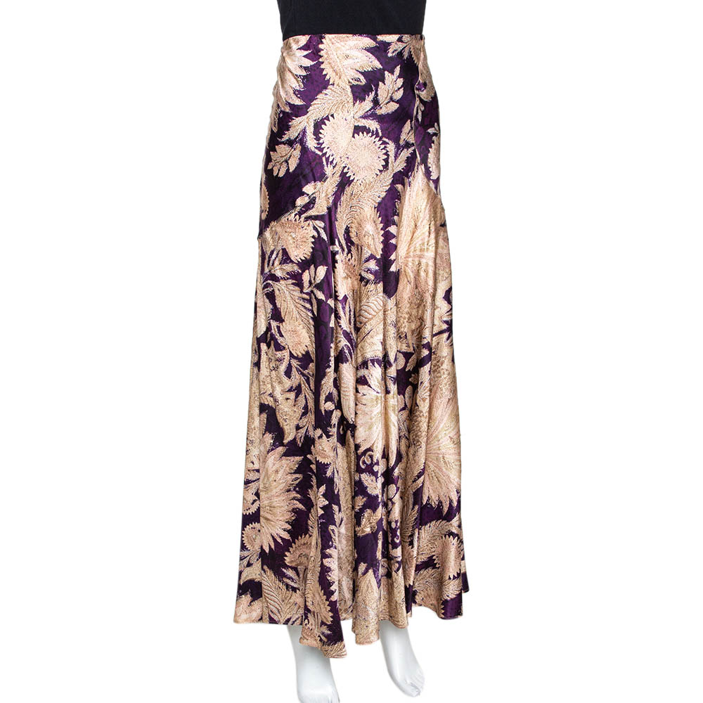 

Roberto Cavalli Imperial Purple Floral Printed Silk Flared Skirt