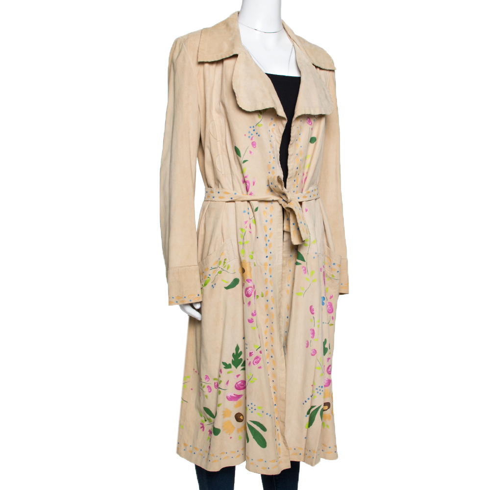 

Roberto Cavalli Beige Suede Floral Painted Effect Belted Mid Length Coat