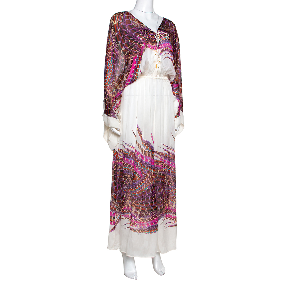 

Roberto Cavalli White & Pink Feather Printed Silk Maxi Kaftan Dress