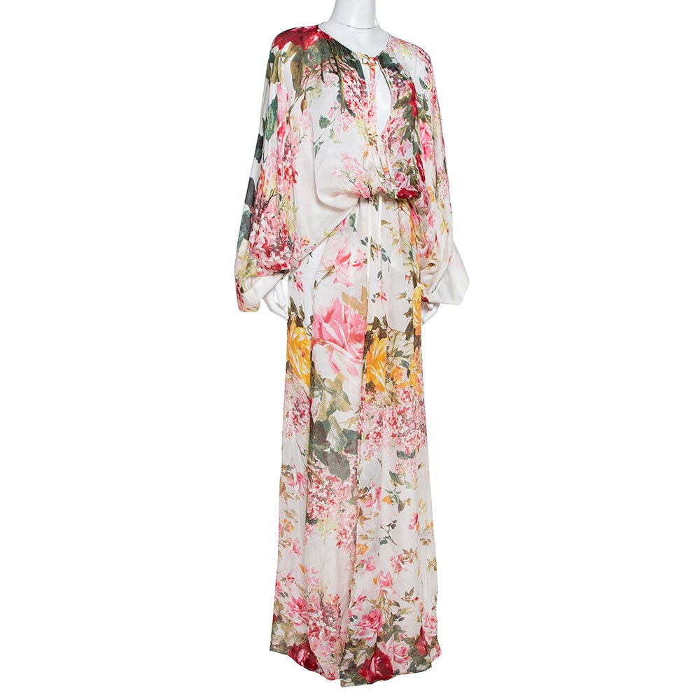 

Roberto Cavalli White Floral Printed Silk Maxi Kaftan Dress