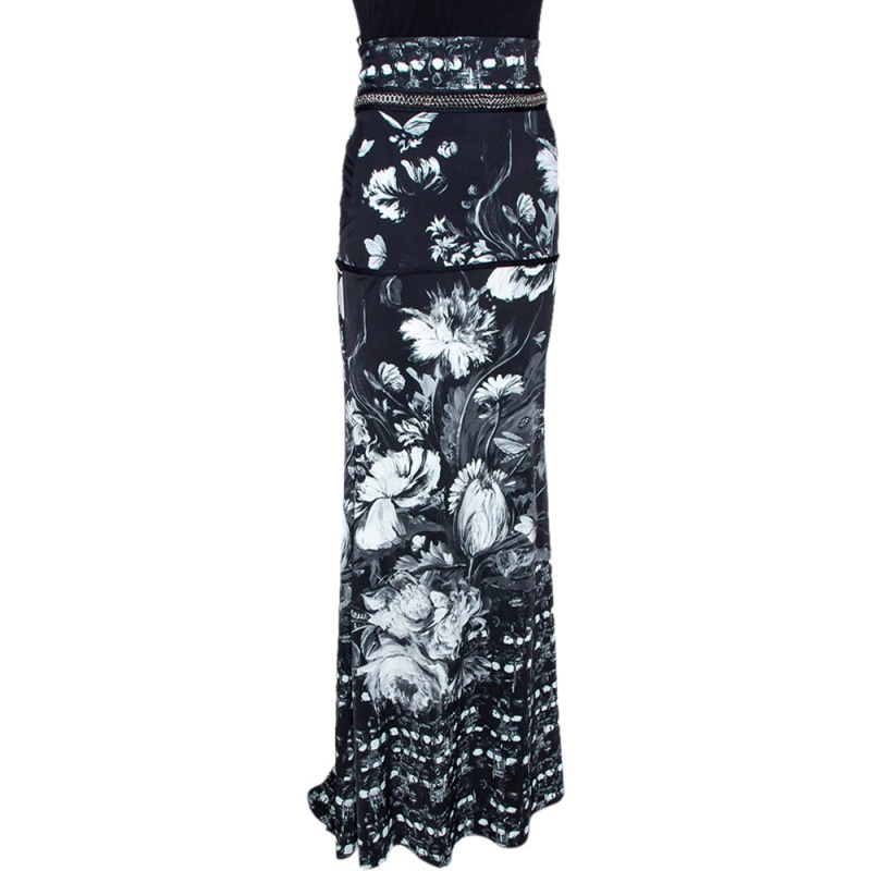 

Roberto Cavalli Monochrome Floral Printed Stretch Jersey Maxi Skirt, Black