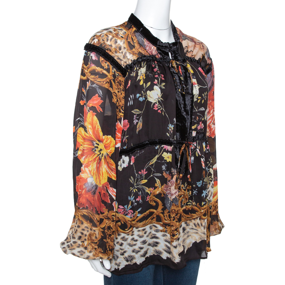 

Roberto Cavalli Black Floral Print Silk Sheer Blouse