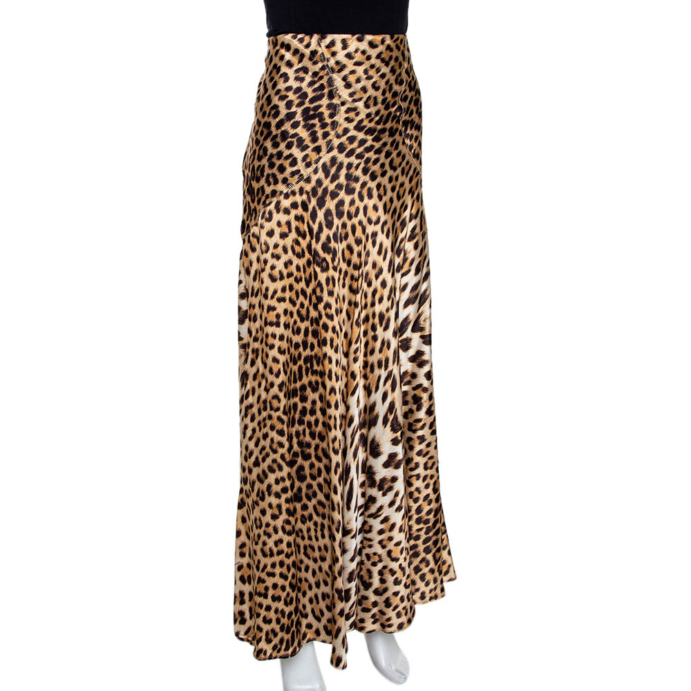

Roberto Cavalli Beige Satin Leopard Print Maxi Skirt