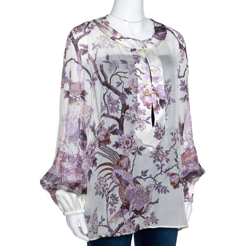 

Roberto Cavalli Purple Floral Shimmer Print Silk Sheer Blouse