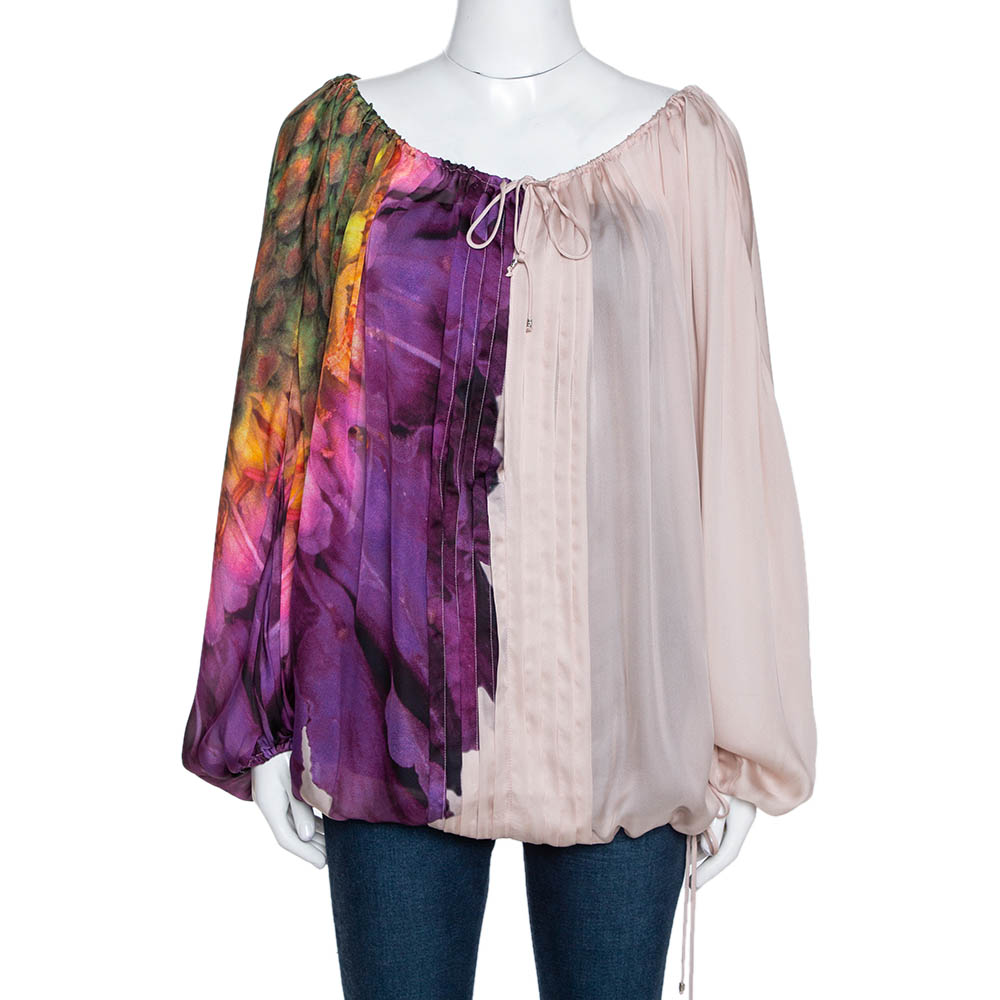 مملوكة مسبقًا Roberto Cavalli Purple Abstract Print Silk Sheer Kaftan Top M