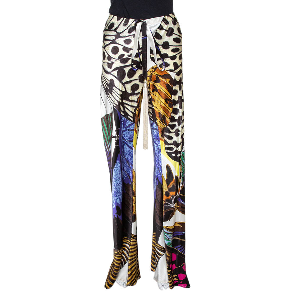 مملوكة مسبقًا Roberto Cavalli Multicolor Butterfly Print Silk Palazzo Pants L