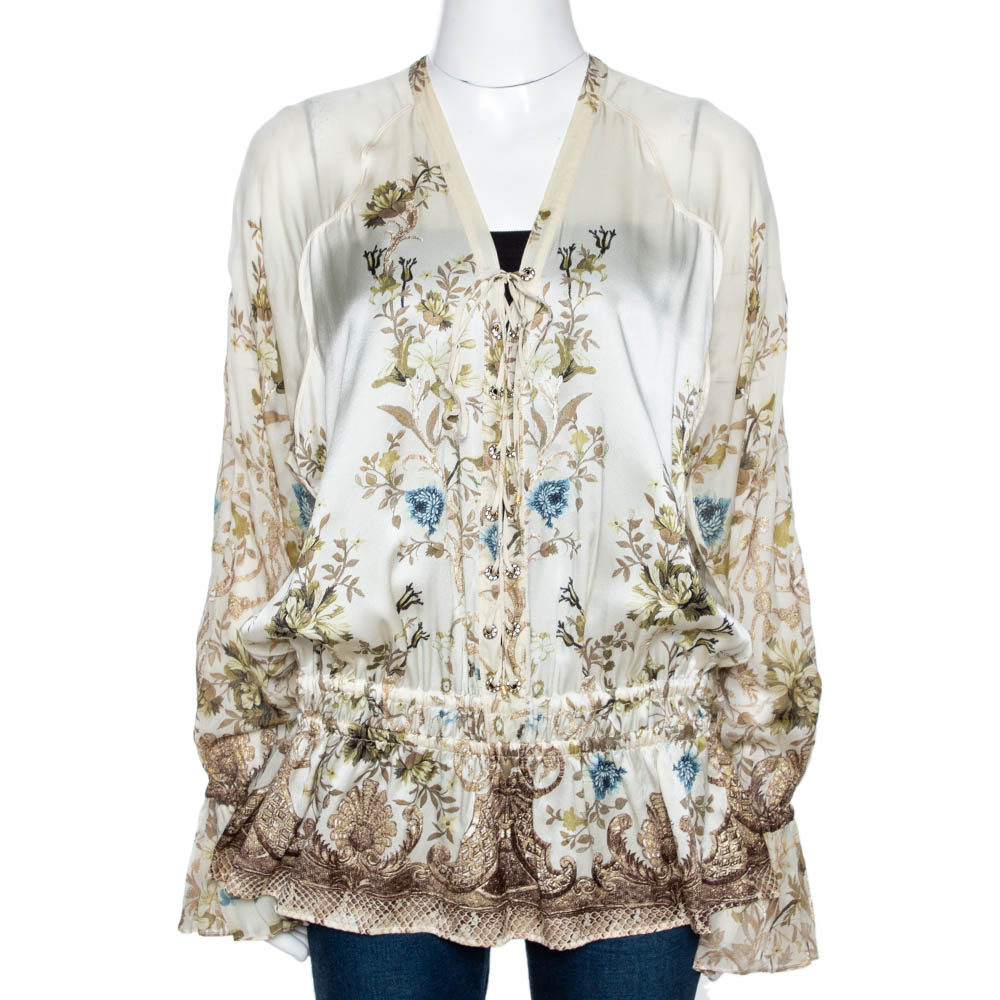 Pre Owned Roberto Cavalli Cream Floral Shimmer Print Silk Ruched Blouse L