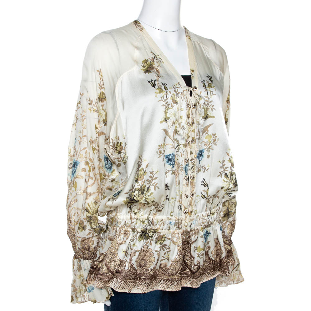

Roberto Cavalli Cream Floral Shimmer Print Silk Ruched Blouse