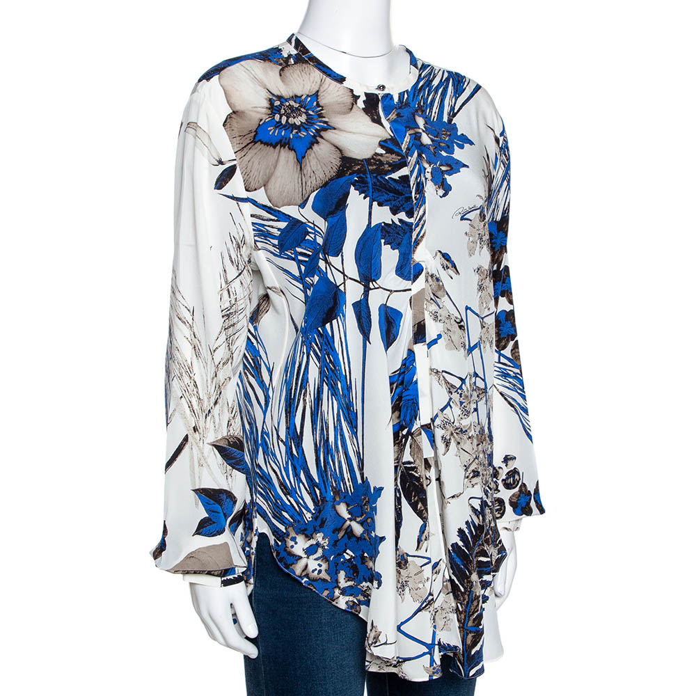 

Roberto Cavalli Blue Leaf Print Silk Button Front Blouse