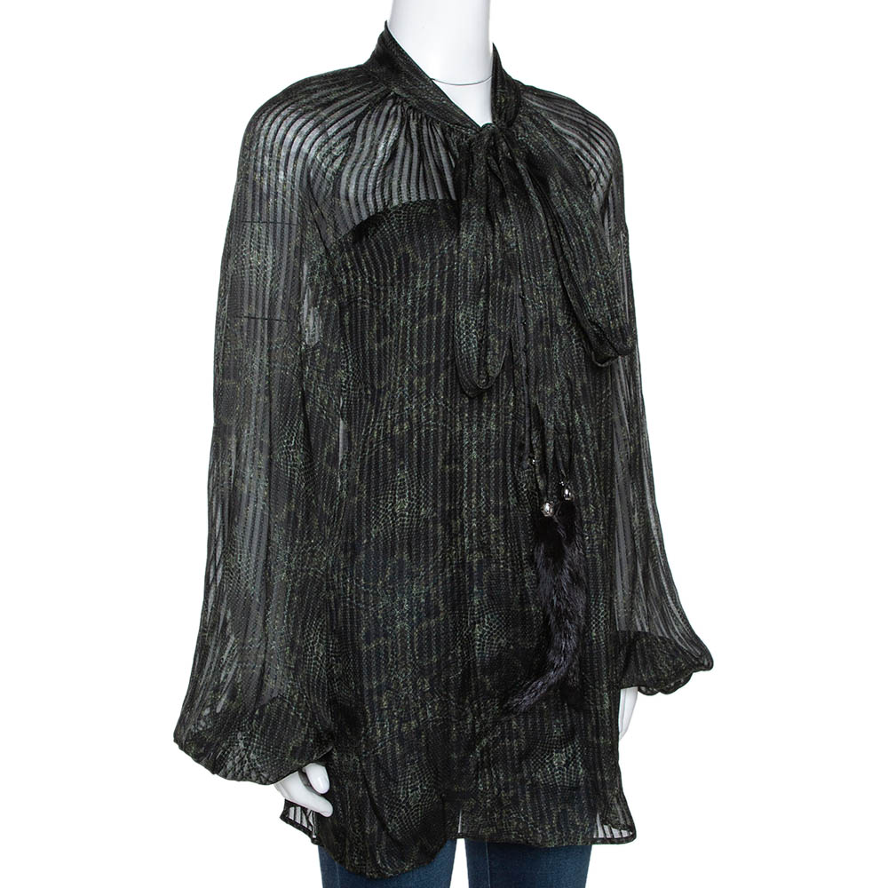 

Roberto Cavalli Dark Green Printed Silk Fur Tie Detail Sheer Blouse