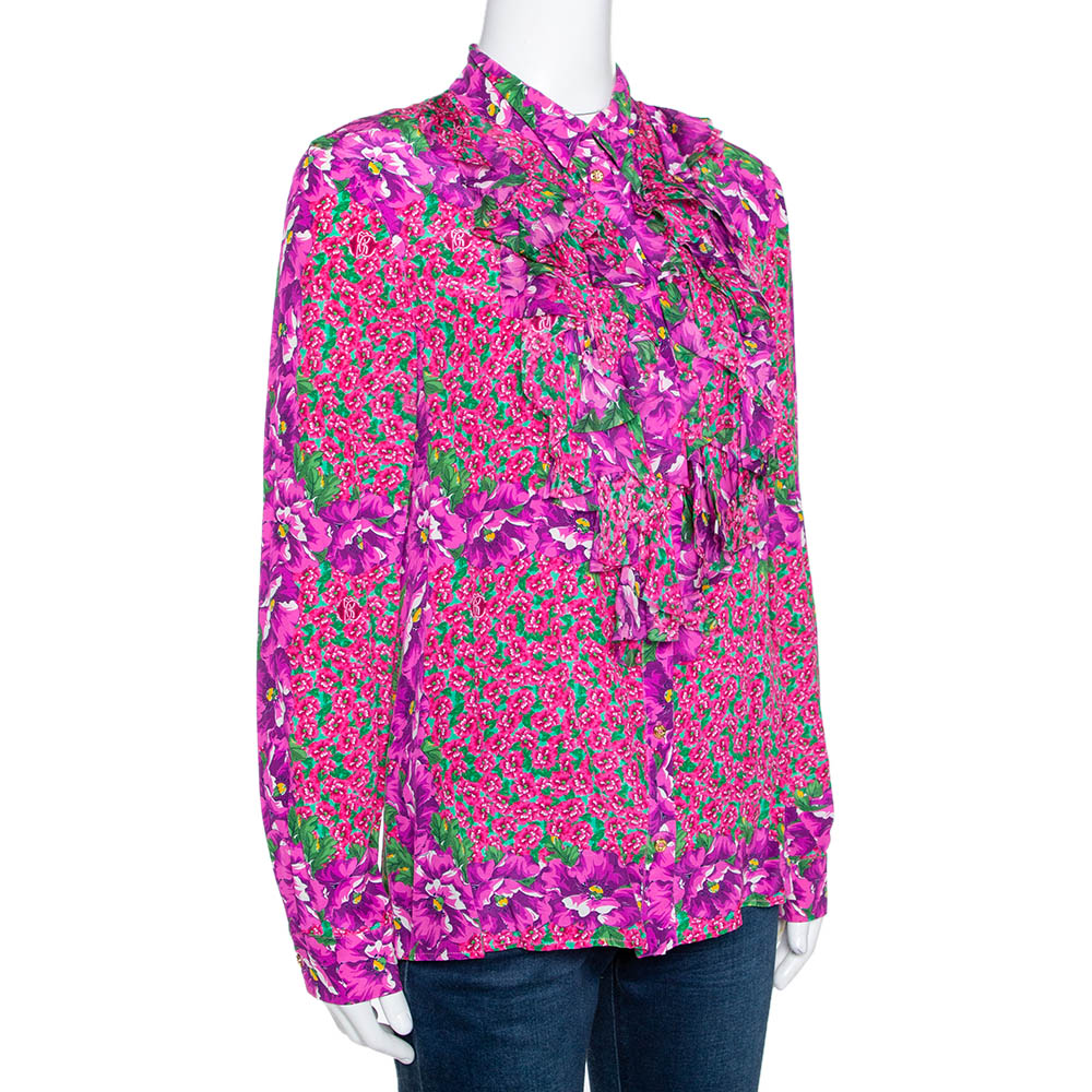 

Roberto Cavalli Pink Floral Print Silk Ruffled Blouse