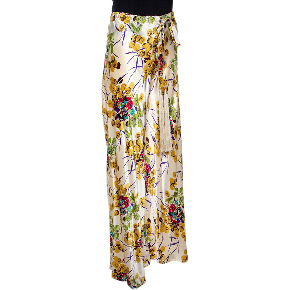 

Roberto Cavalli Cream Floral Shimmer Print Silk Flared Pants