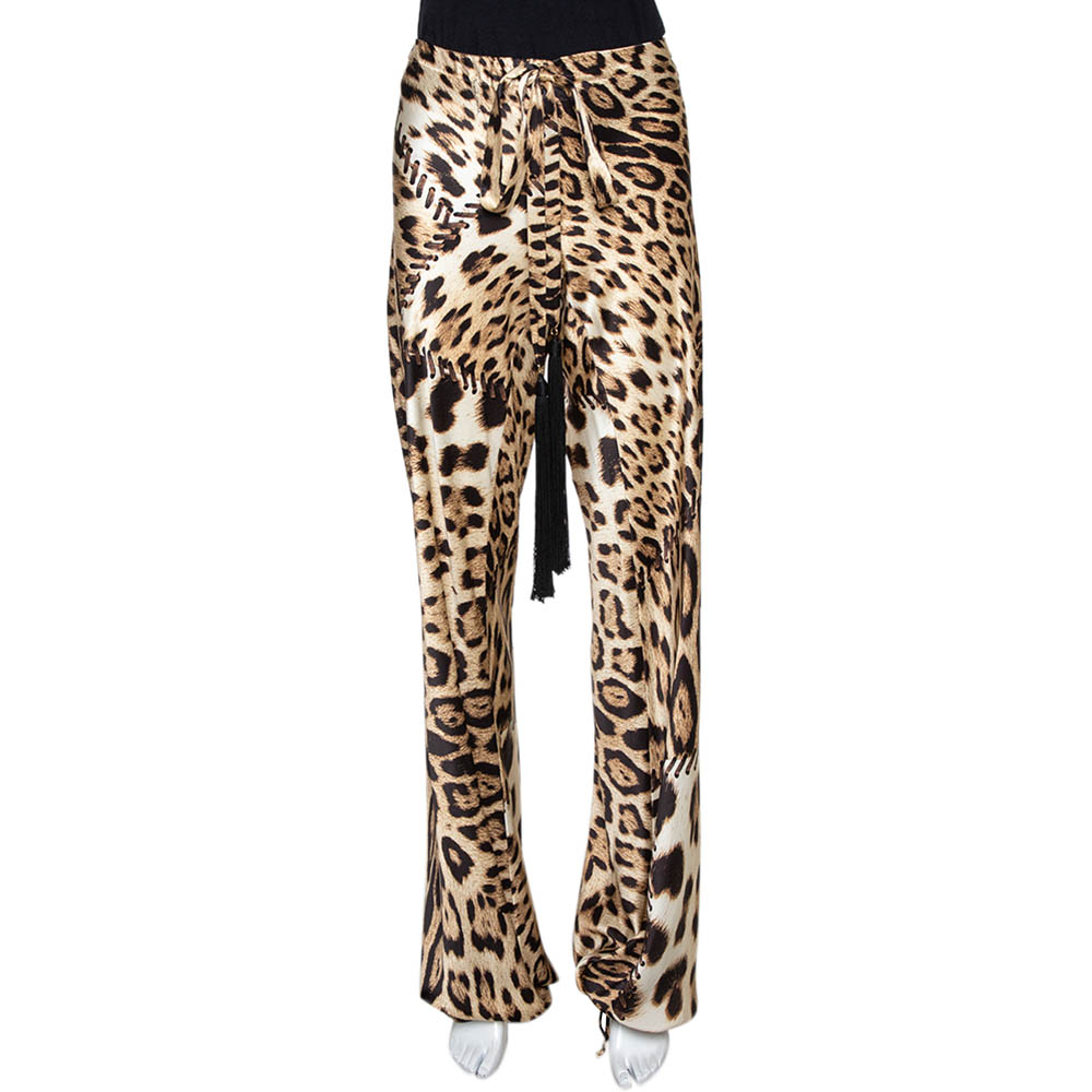 مملوكة مسبقًا Roberto Cavalli Beige Leopard Print Silk Satin Flared Pants M