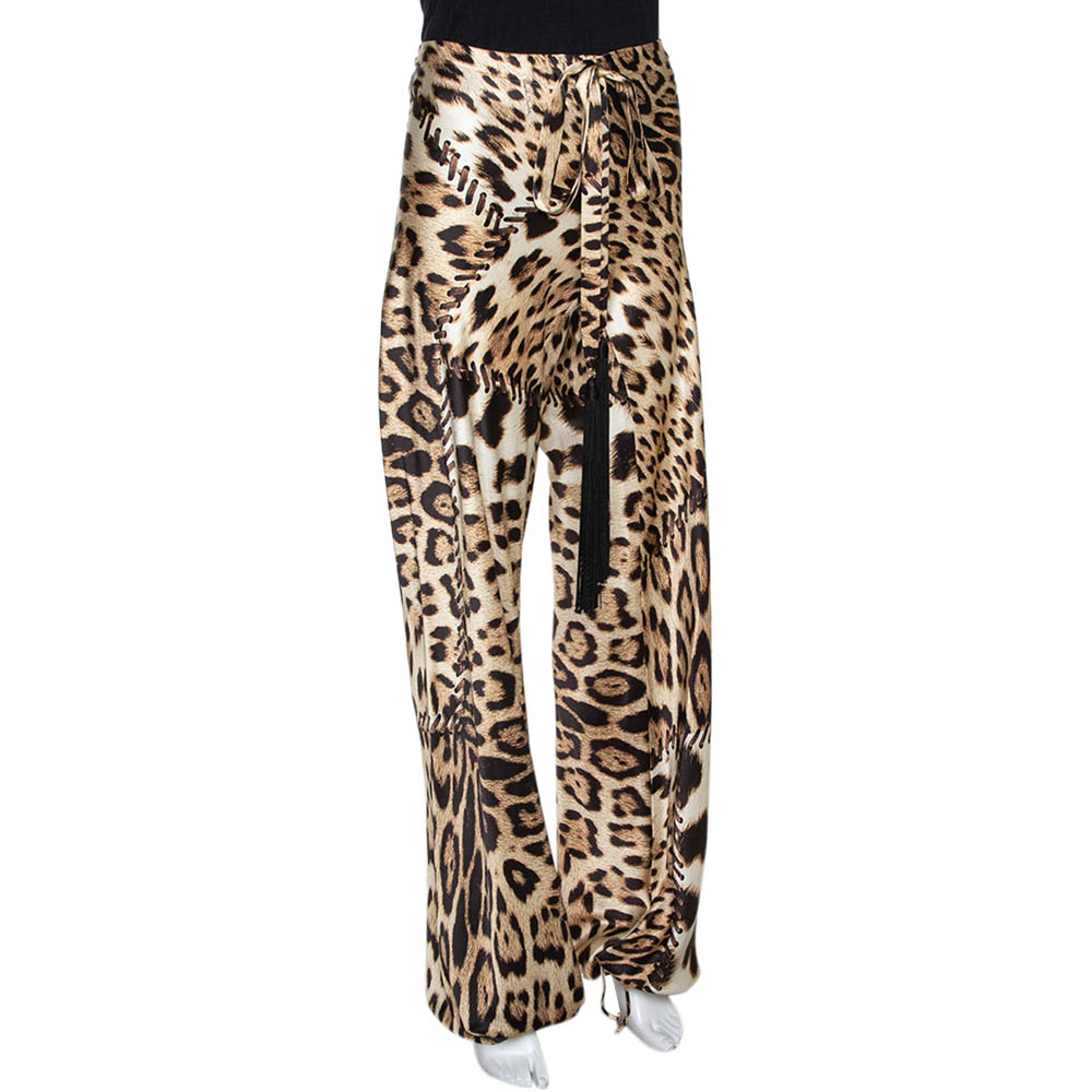 

Roberto Cavalli Beige Leopard Print Silk Satin Flared Pants