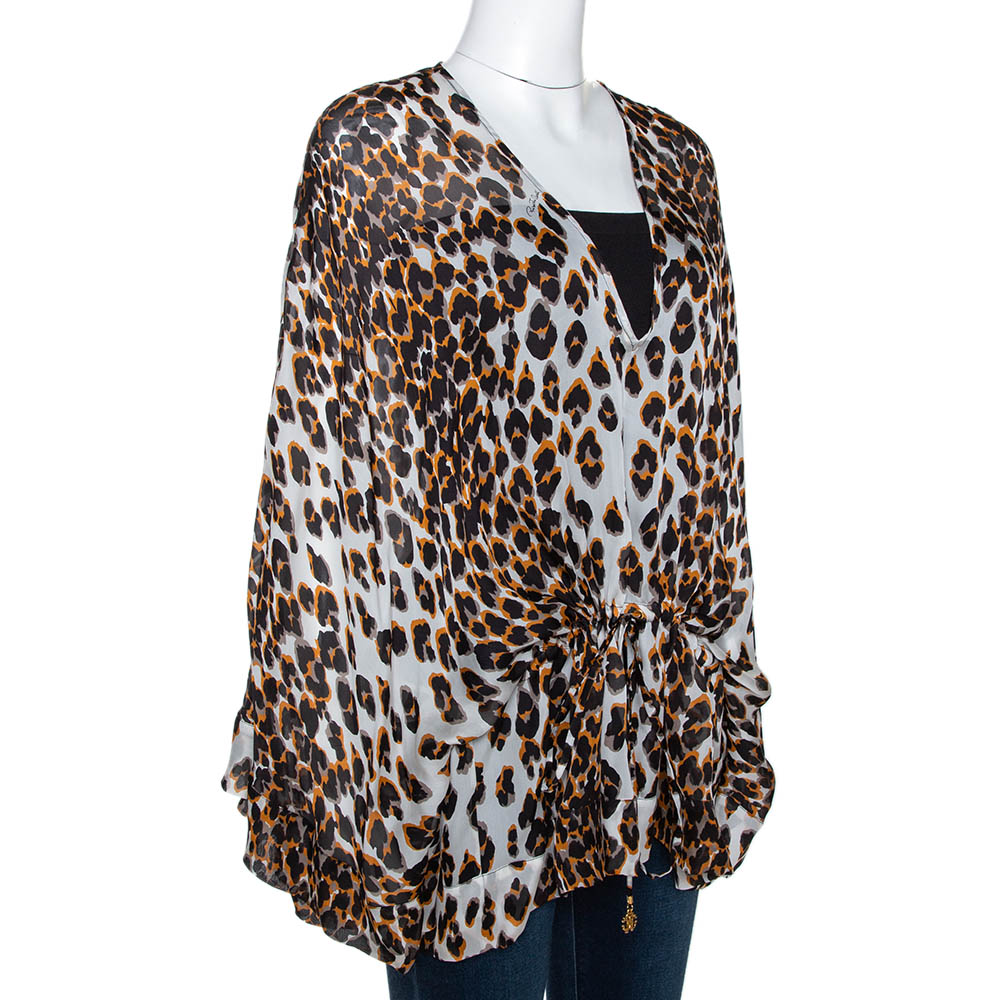 

Roberto Cavalli Black Animal Print Silk Sheer Kaftan Top