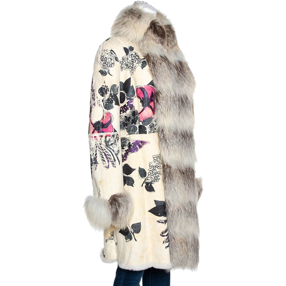 

Roberto Cavalli Cream Floral Print Leather Fur Lined Coat