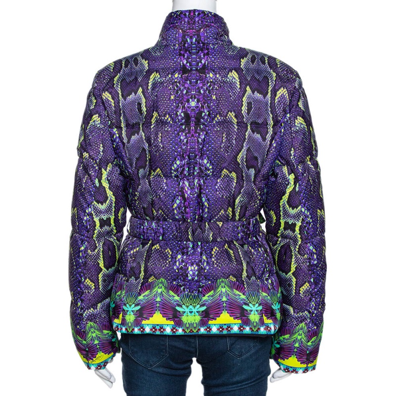 

Roberto Cavalli Purple Snakeskin Print Belted Puffer Jacket