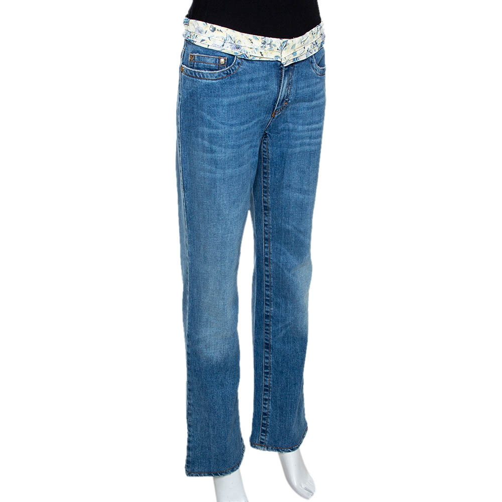 

Roberto Cavalli Blue Denim & Silk Waist Trim Detail Straight Leg Jeans