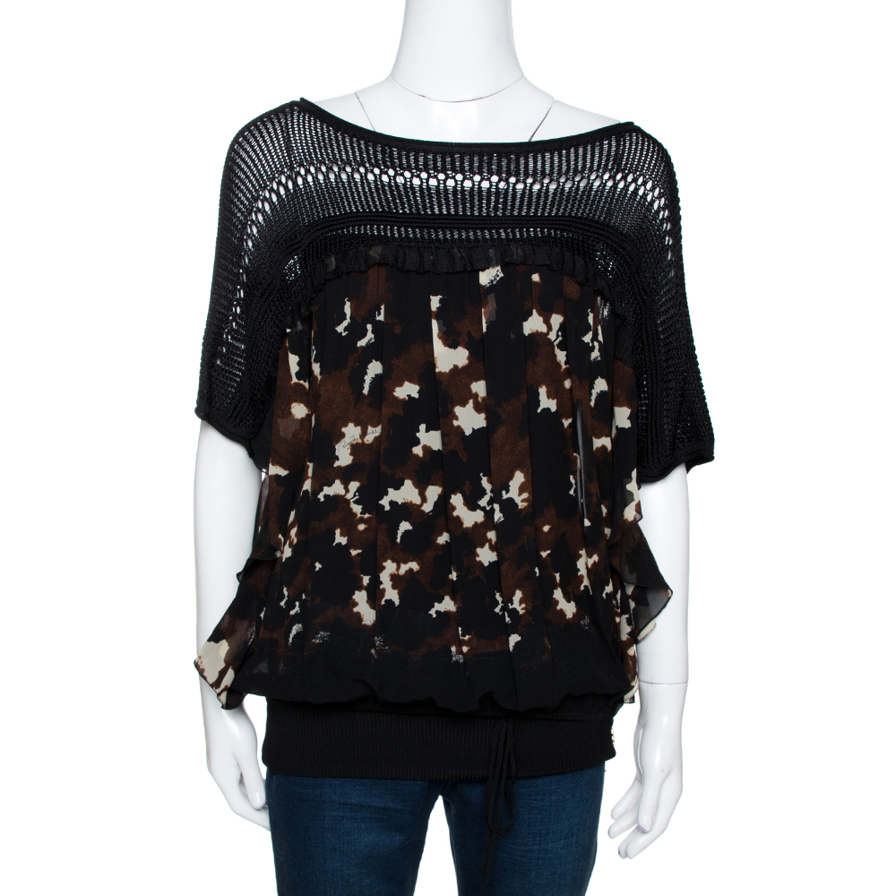 Pre Owned Roberto Cavalli Black Printed Silk Knit Paneled Sheer Blouse L