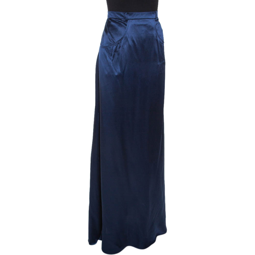

Roberto Cavalli Navy Blue Silk Satin Maxi Skirt