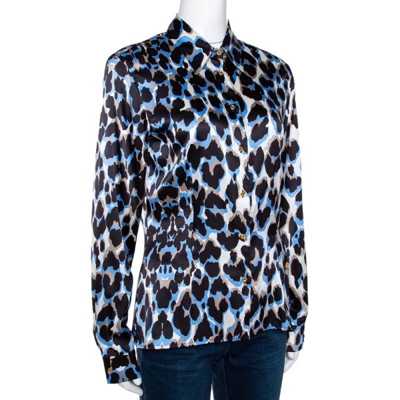 

Roberto Cavalli Black & Blue Leopard Print Silk Satin Shirt