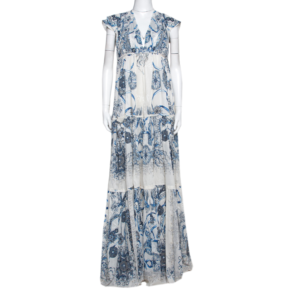 Pre Owned Roberto Cavalli Blue Printed Cotton Gathered Maxi Dress L