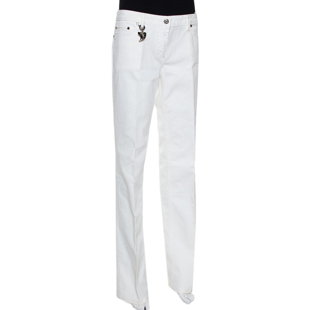 

Roberto Cavalli White Denim Claw Detail Wide Leg Jeans