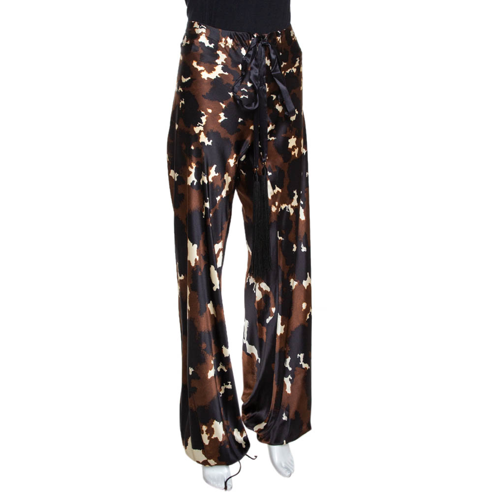 

Roberto Cavalli Brown Printed Silk Satin Wide Leg Pants