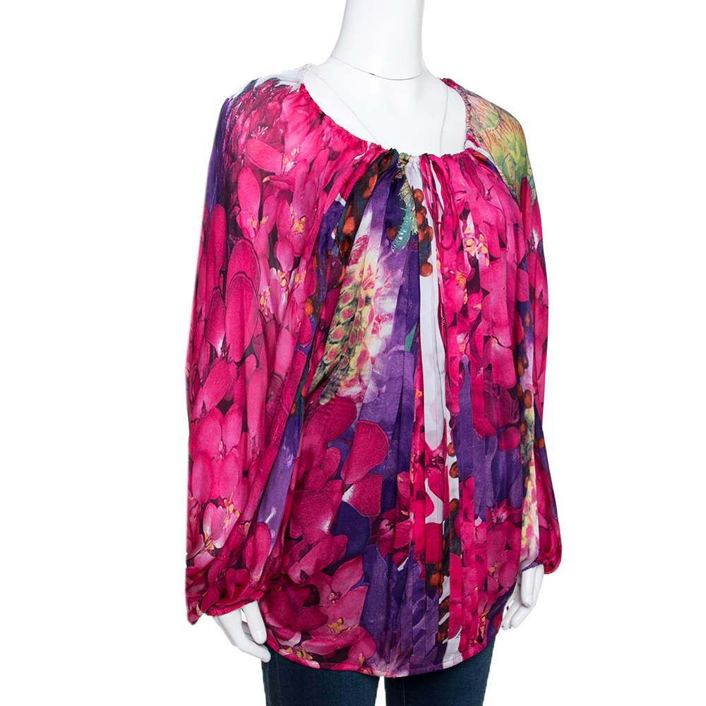 

Roberto Cavalli Pink & Purple Floral Printed Silk Pleated Gypsy Blouse