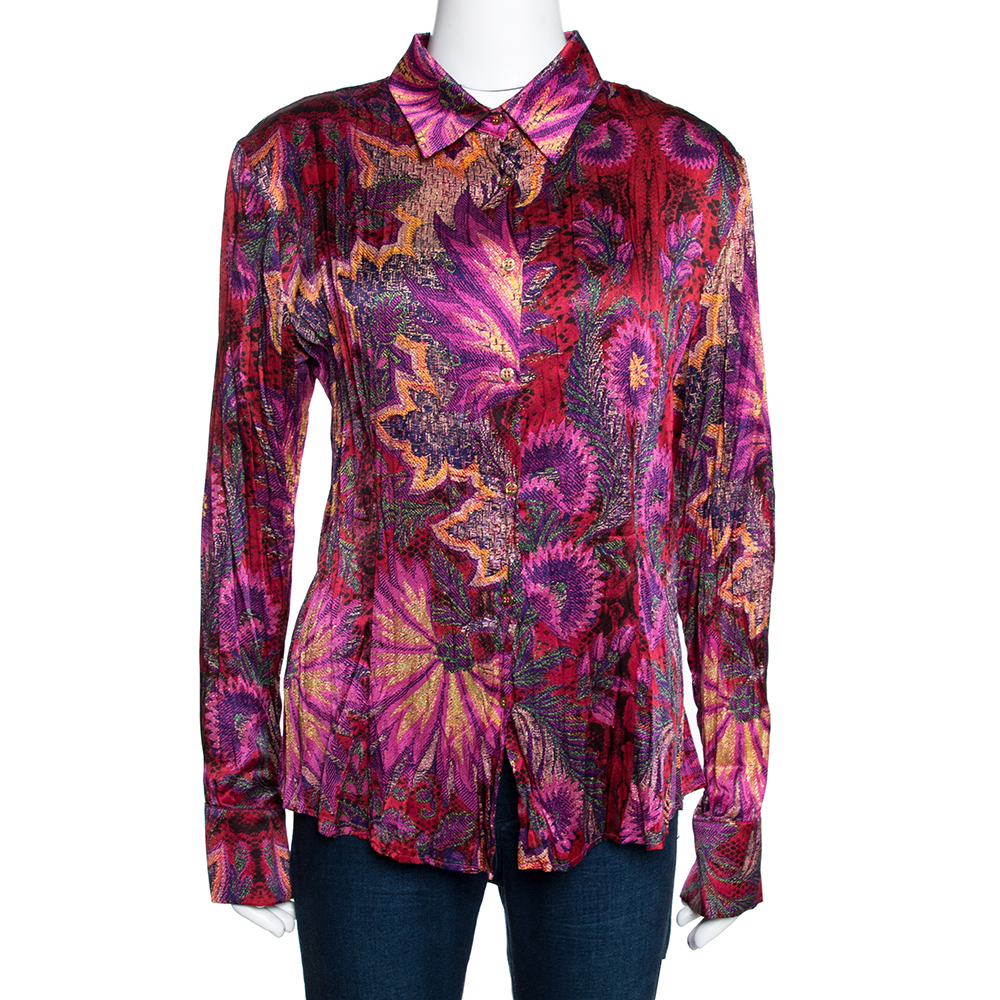 Pre Owned Roberto Cavalli Magenta Abstract Foil Printed Plisse Silk Shirt L 