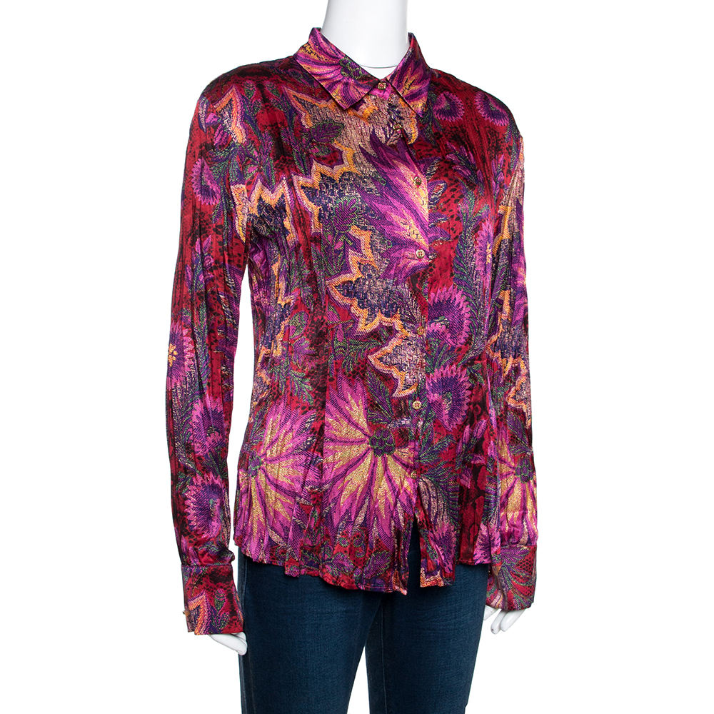 

Roberto Cavalli Magenta Abstract Foil Printed Plisse Silk Shirt, Pink