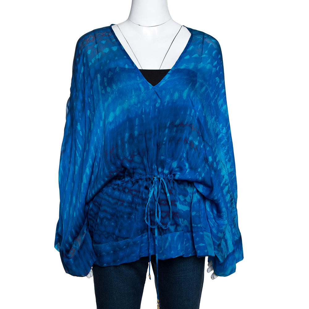 Pre Owned Roberto Cavalli Blue Abstract Printed Silk Kaftan Top M