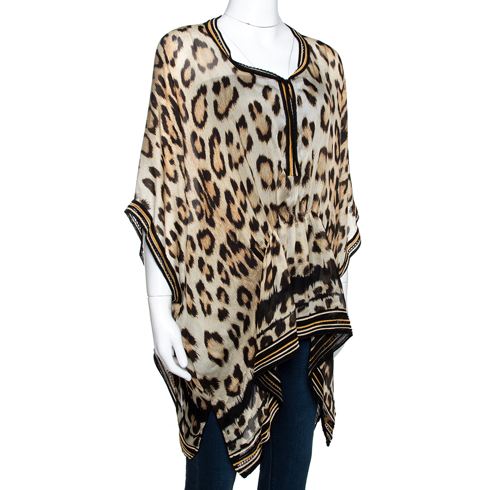 

Roberto Cavalli Beige Leopard Printed Silk & Knit Trim Kaftan Top