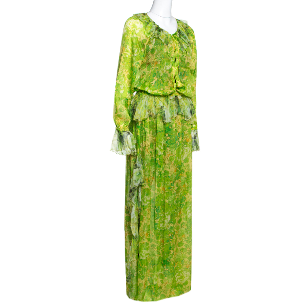 

Roberto Cavalli Lemon Green Floral Printed Silk Ruffled Maxi Dress
