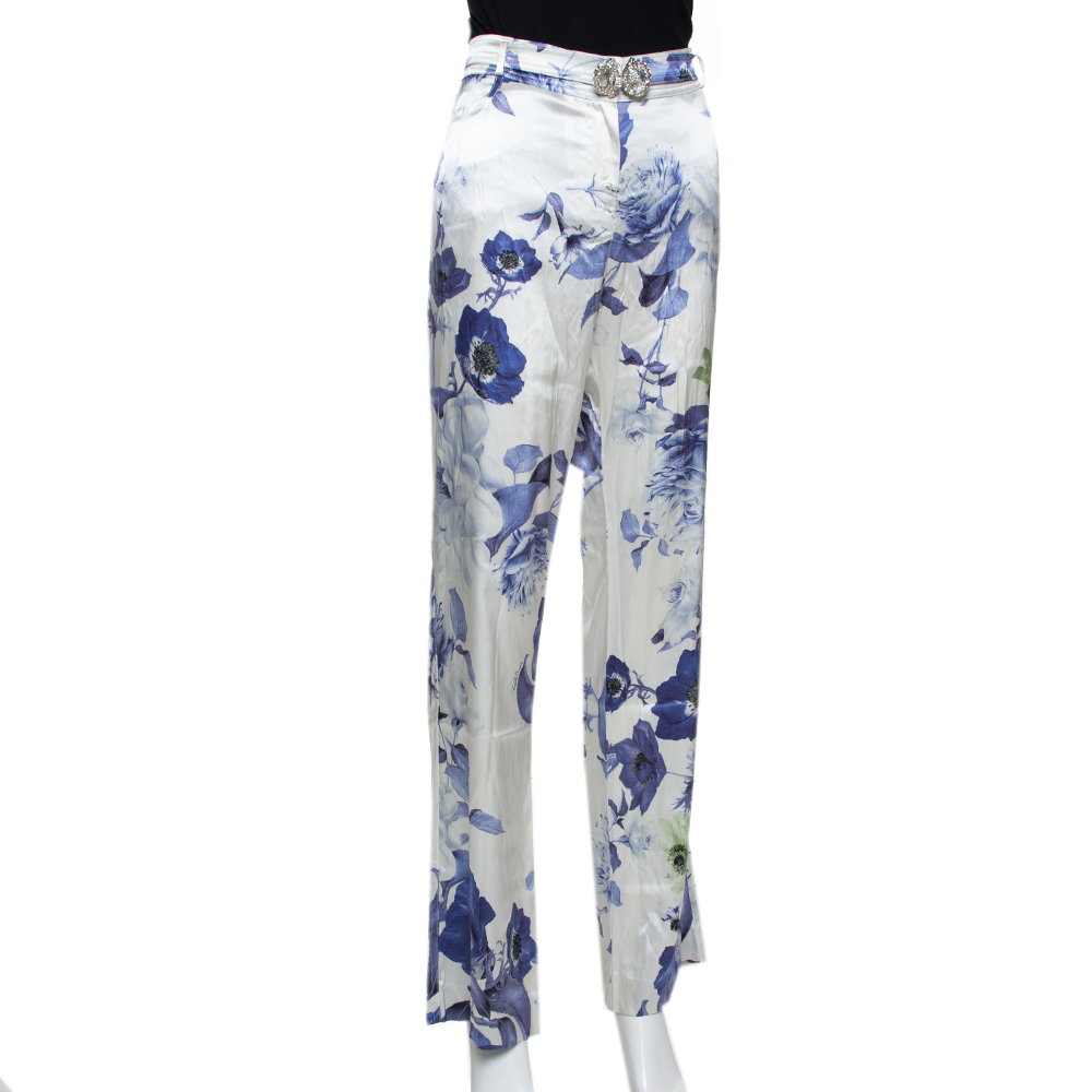 

Roberto Cavalli White & Blue Floral Printed Stretch Silk Straight Leg Trousers