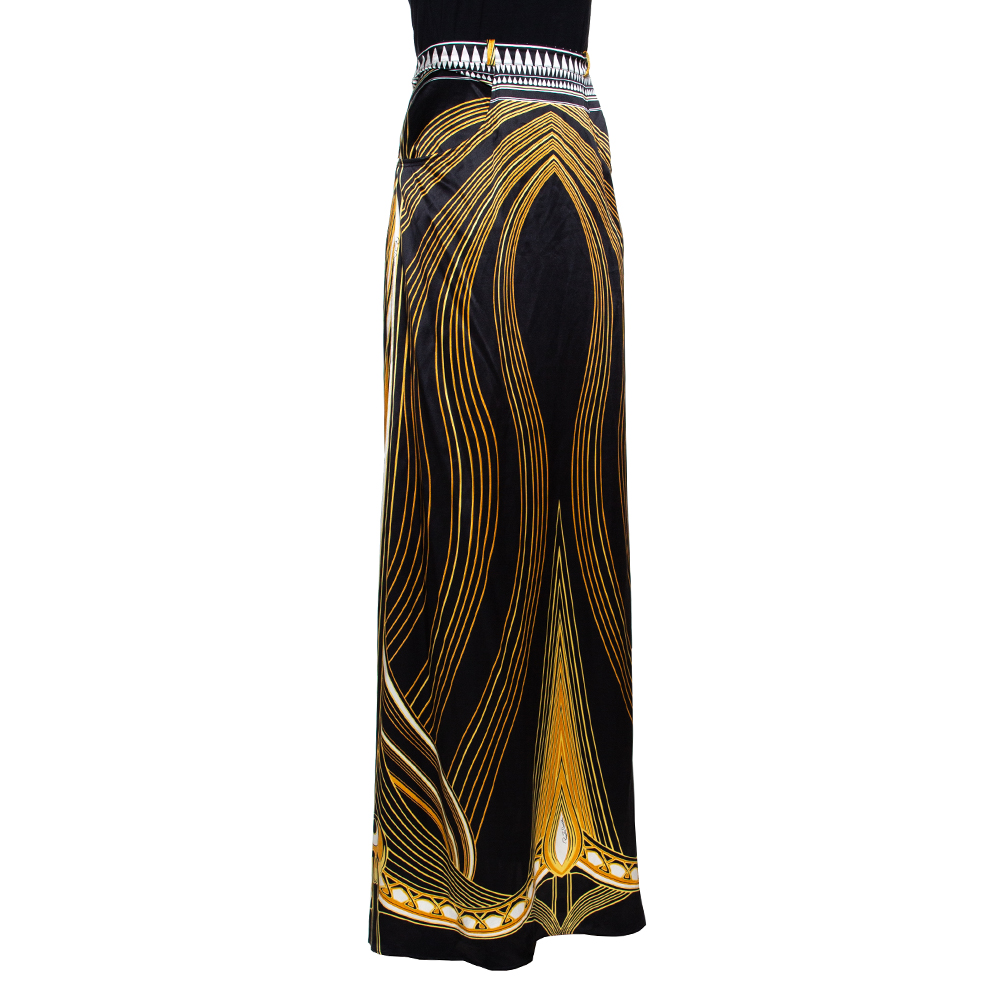 

Roberto Cavalli Black & Yellow Printed Silk Satin Maxi Skirt