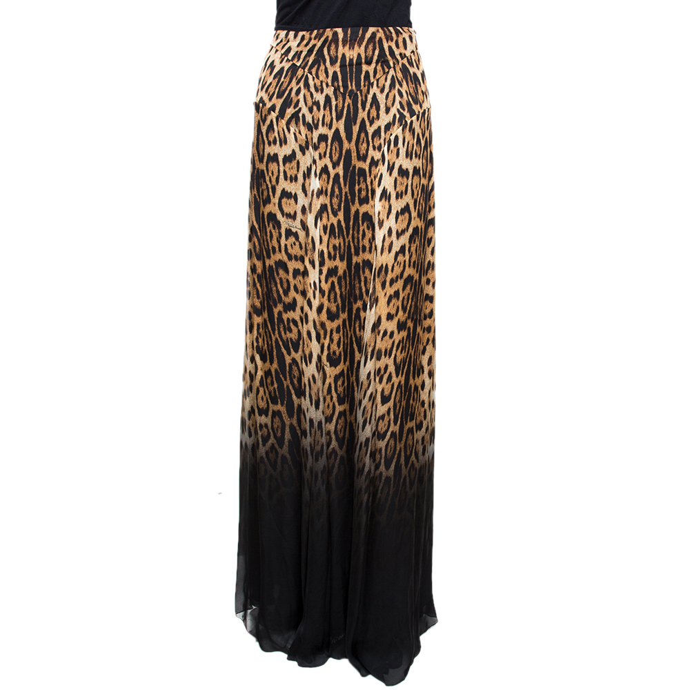 مملوكة مسبقًا Roberto Cavalli Brown Animal Print Silk Flared Maxi Skirt L