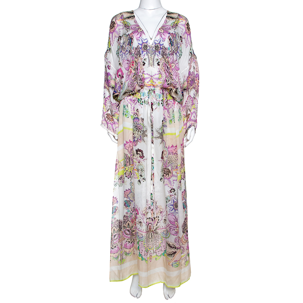مملوكة مسبقًا Roberto Cavalli White Floral Print Silk Sheer Maxi Kaftan L