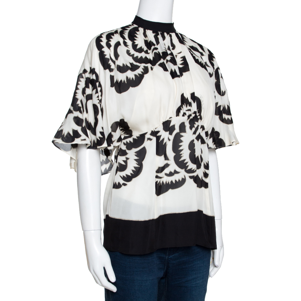 

Roberto Cavalli Monochrome Printed Silk Open Back Blouse, White
