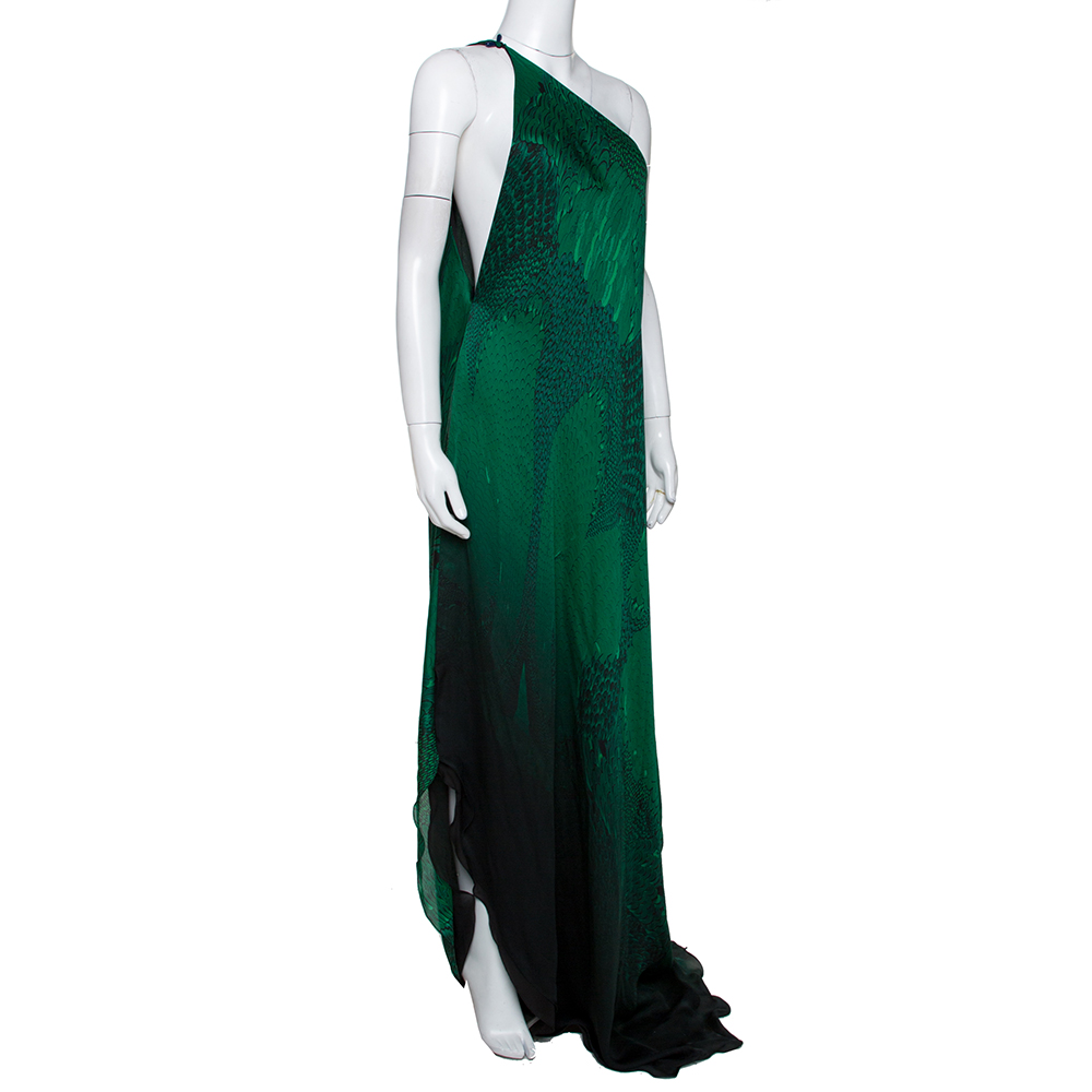 

Roberto Cavalli Green Wings Texture Print Silk Draped Maxi Kaftan