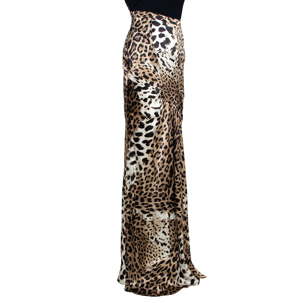 

Roberto Cavalli Beige Leopard Print Silk Satin Maxi Skirt