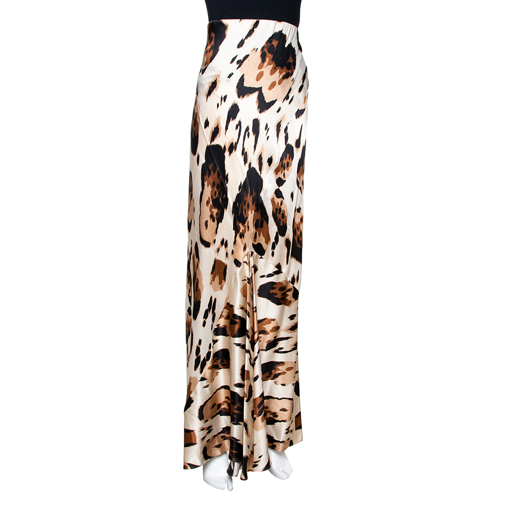 

Roberto Cavalli Beige Printed Silk Satin Flared Maxi Skirt
