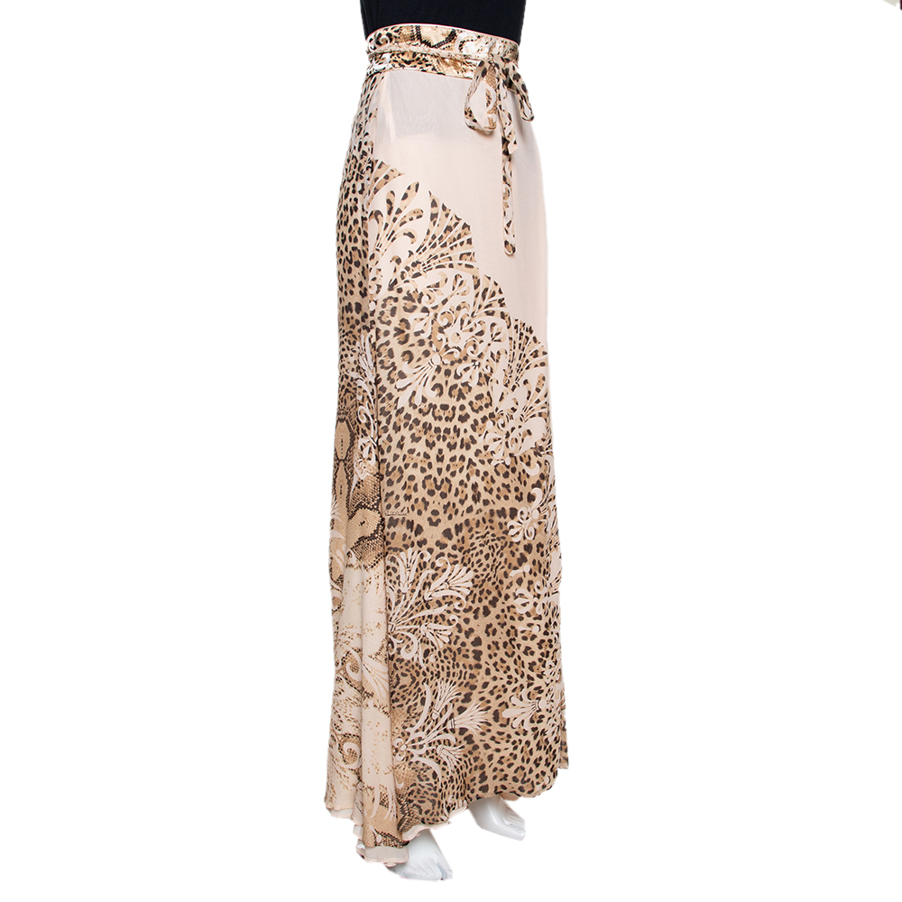 

Roberto Cavalli Cream Animal Print Silk Pleated Faux Wrap Skirt