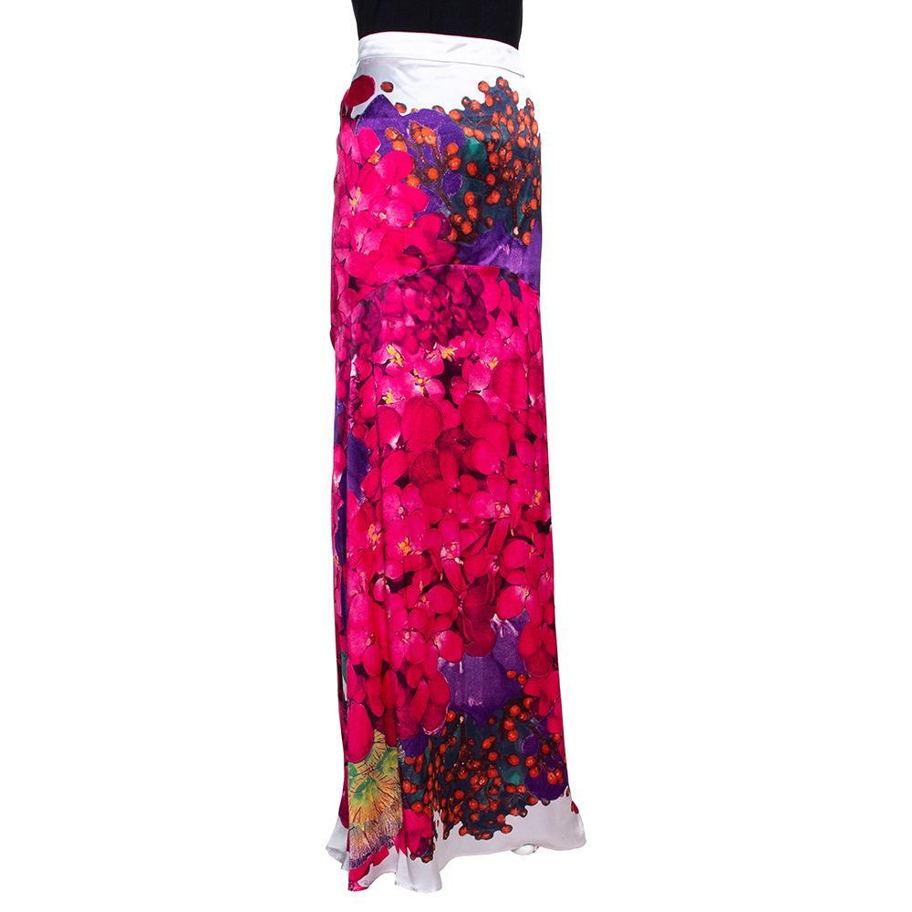 

Roberto Cavalli Pink Floral Print Silk Satin Gathered Maxi Skirt