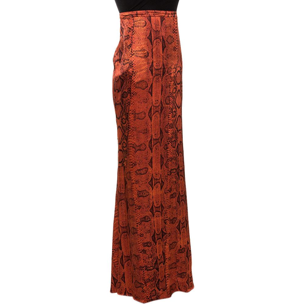 

Roberto Cavalli Red Snakeskin Printed Silk Flared Skirt