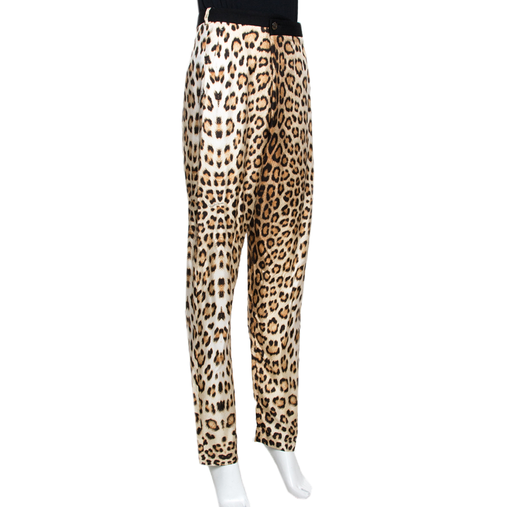 

Roberto Cavalli Beige Leopard Print Silk Gathered Waist Pants