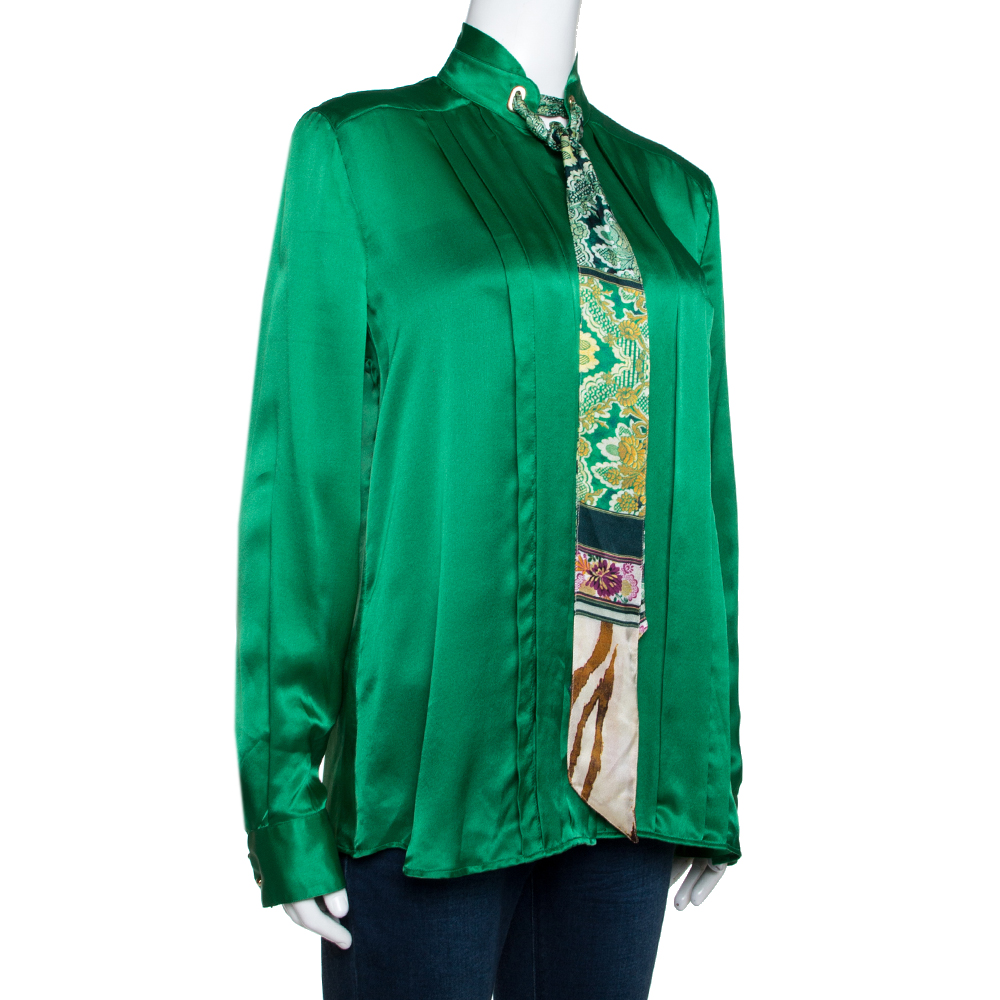 

Roberto Cavalli Green Silk Neck Tie Detail Long Sleeve Blouse
